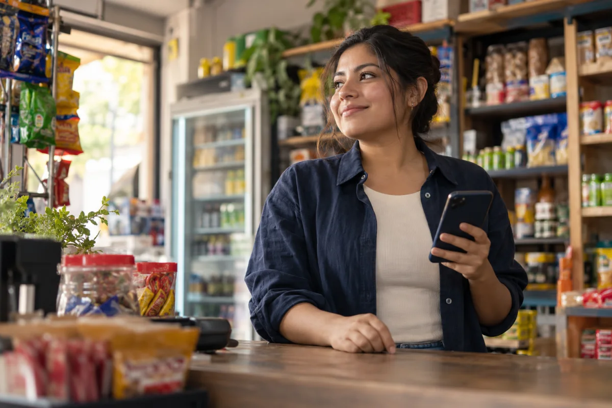 Imagen ilustrativa de una comerciante que utiliza su celular en su tienda